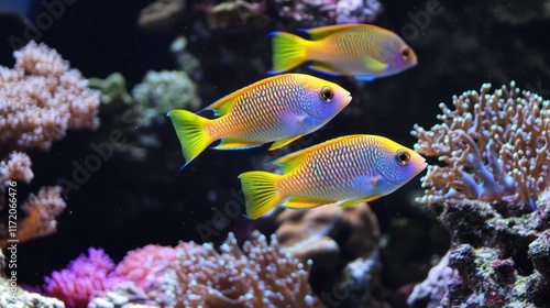 A vibrant underwater scene featuring colorful fish swimming among coral.