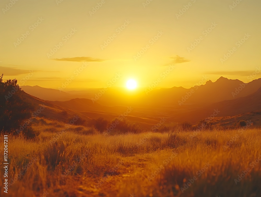 Golden sunset over vast, grassy plains and distant mountains. Golden sunset over vast, grassy plains and distant mountains.