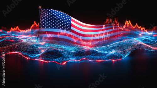 American Economic Fluctuations: Abstract image of the American flag waving over a dynamic data visualization, symbolizing the fluctuating nature of the US economy. photo