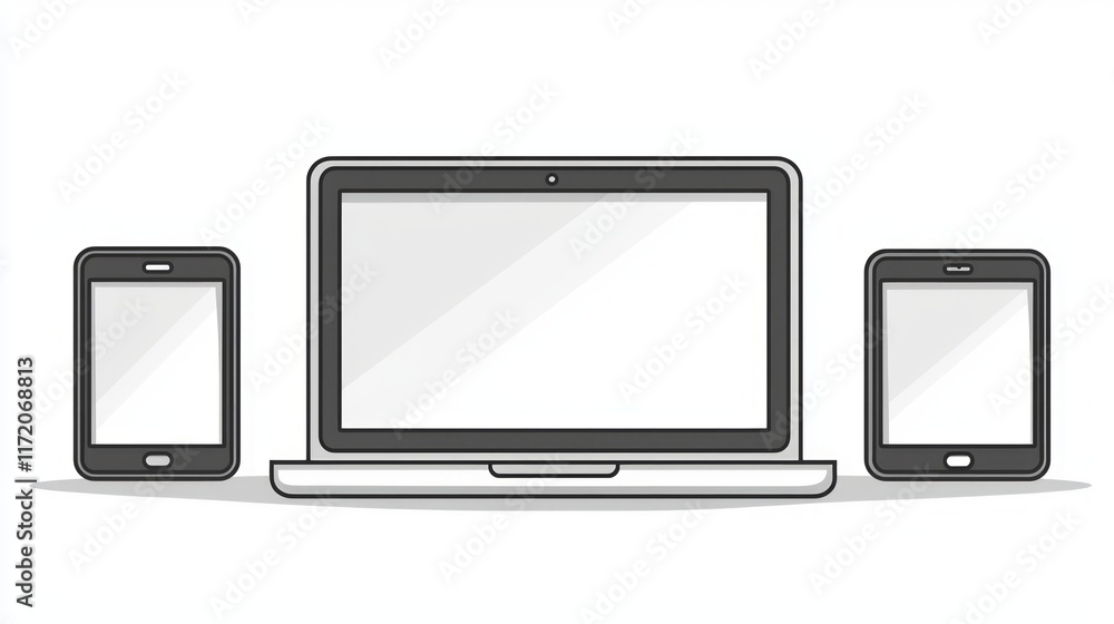 Laptop and two smartphones, simple line art illustration, technology devices. Laptop and two smartphones, simple line art illustration, technology devices.