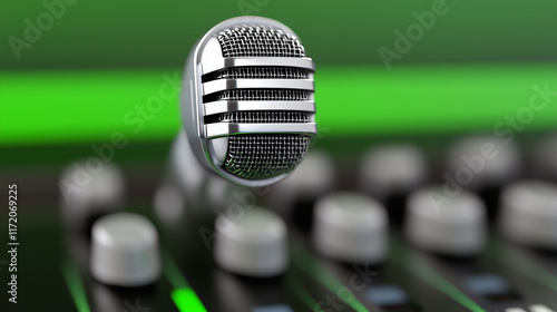 Studio Microphone on Mixing Console with Green Backlighting