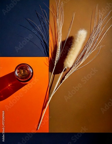 Reference ITop view of a decorative dried flower with a jar on colorful backgroundmage photo