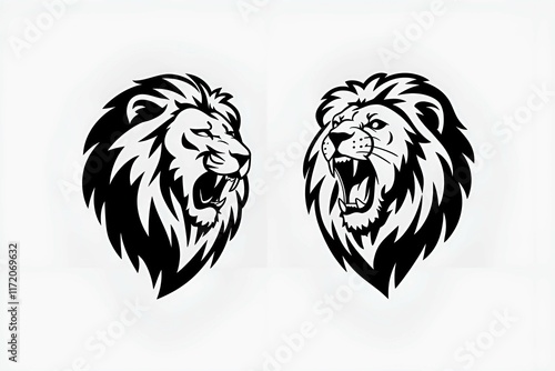 black illustration of two lion heads showing strength and power on a white background photo