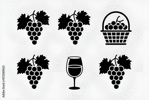 grapes wine glass and basket in black silhouette design on a white background