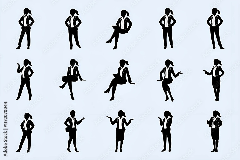 black silhouettes of elegant women in various confident and stylish poses, ideal for fashion or modern art concepts  