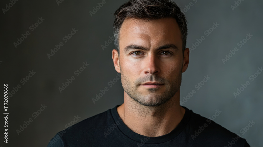 30 year old man with straight face, staring confidently at camera, wearing black t shirt against neutral background 30 year old man with straight face, staring confidently at camera, wearing black t shirt against neutral background