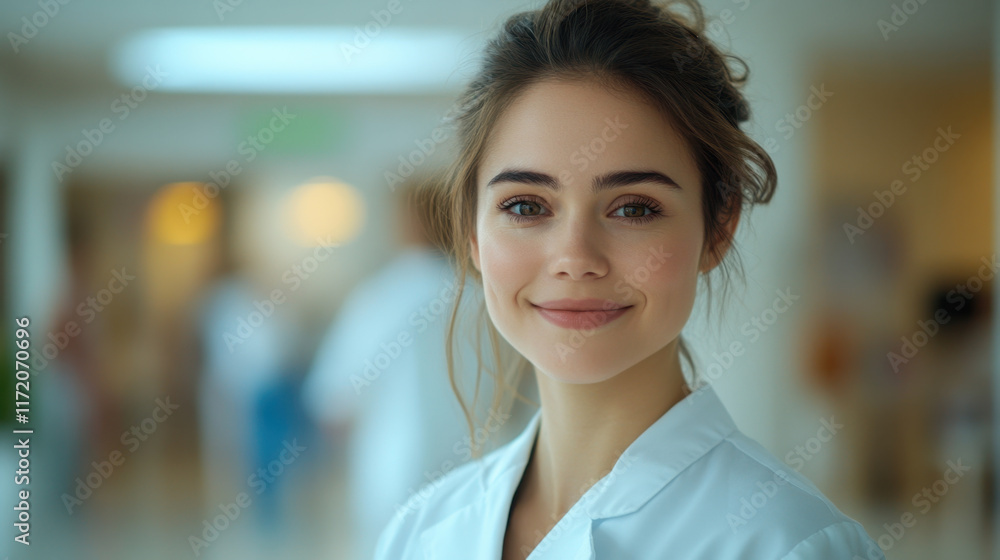 smiling woman in white coat, exuding warmth and professionalism in hospital setting. Her friendly demeanor creates welcoming atmosphere for patients smiling woman in white coat, exuding warmth and professionalism in hospital setting. Her friendly demeanor creates welcoming atmosphere for patients