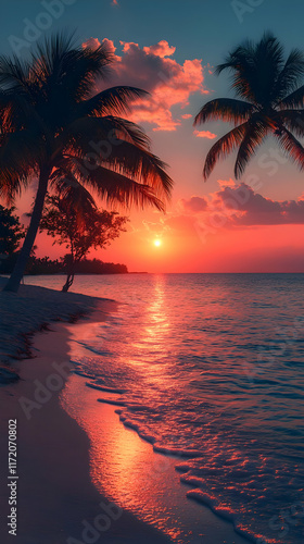 Fototapeta Naklejka Na Ścianę i Meble -  Vibrant sunset over tranquil beach with palm trees silhouetted against fiery sky and ocean reflecting colors.
