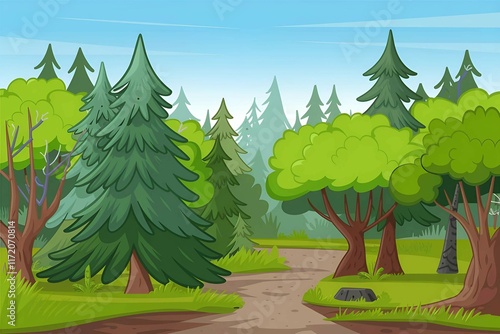 colorful forest landscape illustration with pine and deciduous trees, featuring a serene nature background with clear sky, great for environmental designs and outdoor-themed graphics   photo