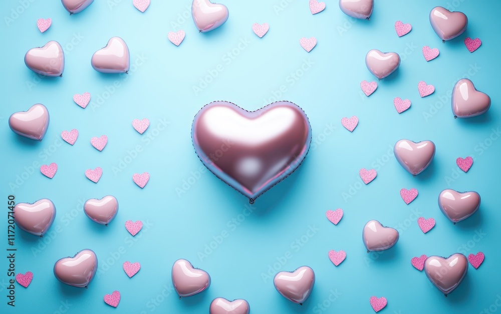 Obraz premium A vibrant close-up of a heart-shaped balloon surrounded by numerous smaller hearts, symbolizing love and affection for Valentine's Day.