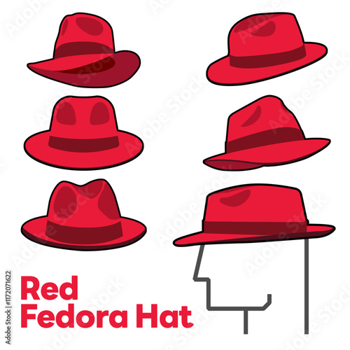 Set Blank Red Fedora Hat Vector for Template. Red Fedora Hat Technical Fashion Illustration. Red Fedora Hat Isolated on White Background. Vector Illustration. Elements for design. EPS10.
