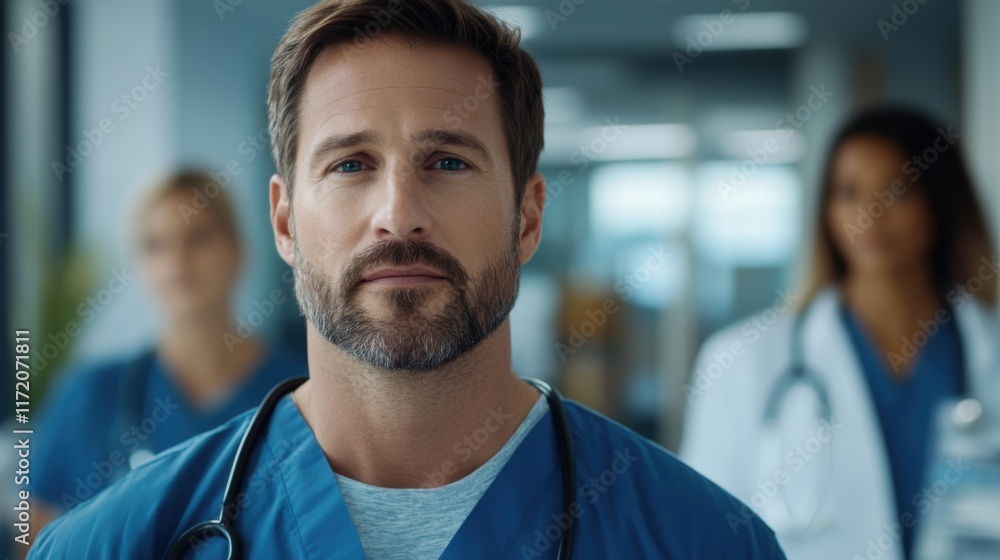 Confident male healthcare professional in scrubs with a serious expression in a modern medical facility Confident male healthcare professional in scrubs with a serious expression in a modern medical facility