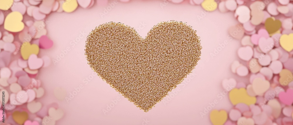 A shimmering heart crafted from gold glitters stands out against a soft pink background, embodying love and celebration for Valentine's Day. A shimmering heart crafted from gold glitters stands out against a soft pink background, embodying love and celebration for Valentine's Day.