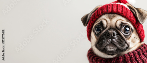 Curious smiling pug wearing red holiday hat and sweater, exuding festive cheer and warmth. This adorable pet captures spirit of season perfectly