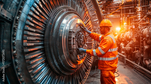 Technician inspecting large industrial turbine.