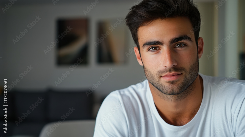handsome man with dark hair is sitting indoors, looking directly at camera with calm expression. background features cozy living space handsome man with dark hair is sitting indoors, looking directly at camera with calm expression. background features cozy living space
