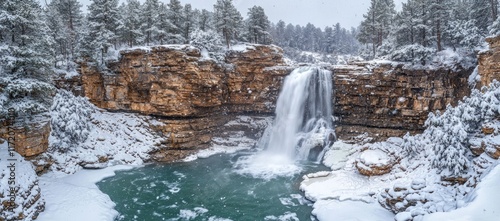 Majestic waterfall frozen in winter, snow-covered cliffs and trees.