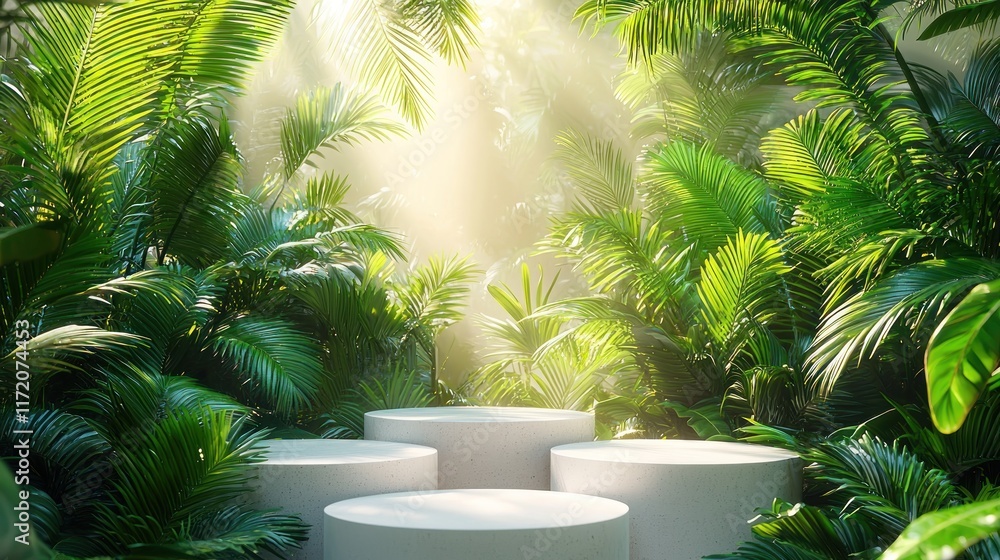 A serene jungle scene with circular platforms surrounded by lush greenery and soft light. A serene jungle scene with circular platforms surrounded by lush greenery and soft light.