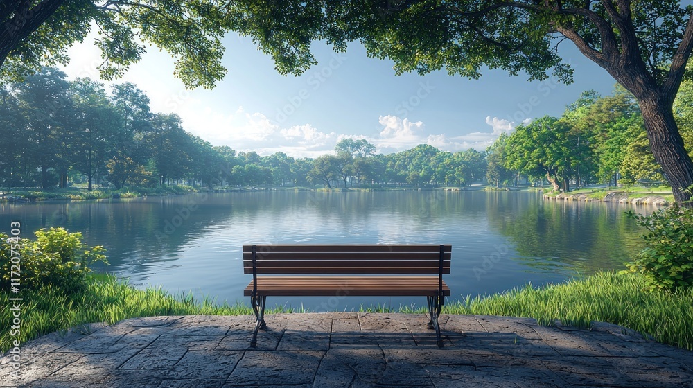 Serene lakeside view with a bench surrounded by lush greenery and calm waters. Serene lakeside view with a bench surrounded by lush greenery and calm waters.