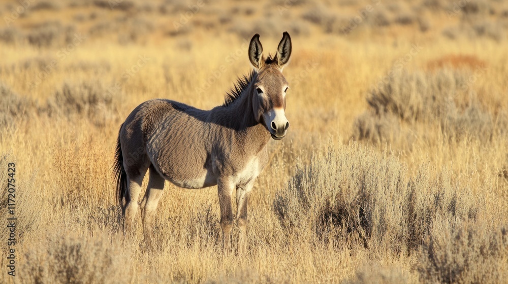 Fototapeta premium A wild donkey stands in a golden grassland, showcasing its natural habitat.