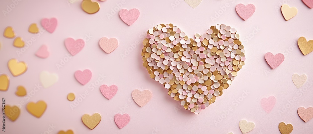 A vibrant heart crafted from colorful confetti hearts set against a soft pink backdrop, perfect for celebrating love on Valentine's Day. A vibrant heart crafted from colorful confetti hearts set against a soft pink backdrop, perfect for celebrating love on Valentine's Day.