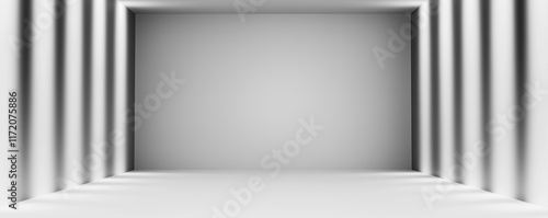 Empty white room with light beams creating a modern and minimalist space