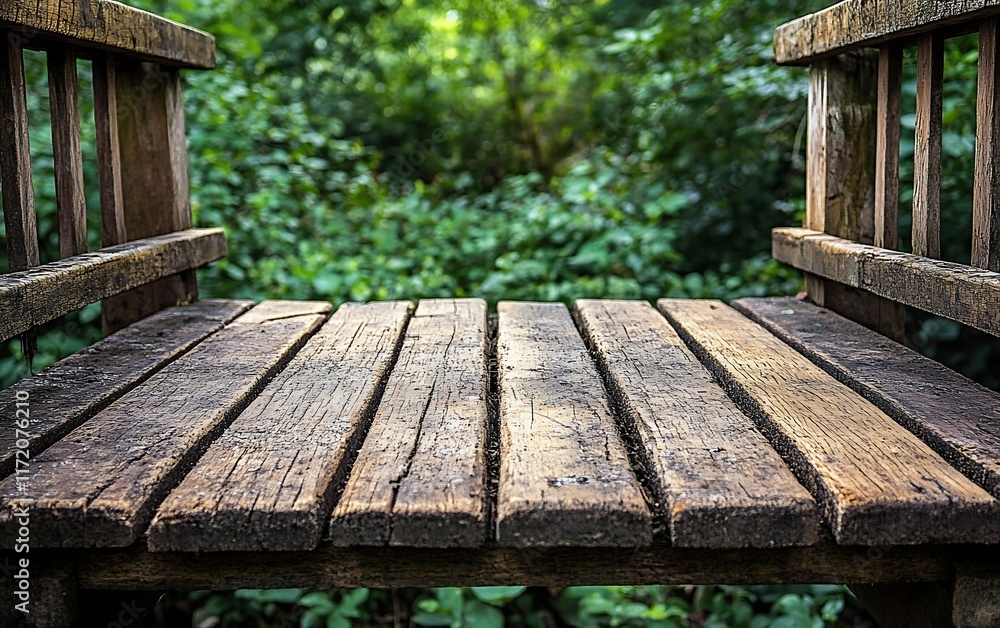 Fototapeta premium Rustic wooden bench in a lush forest. Relaxing nature scene.