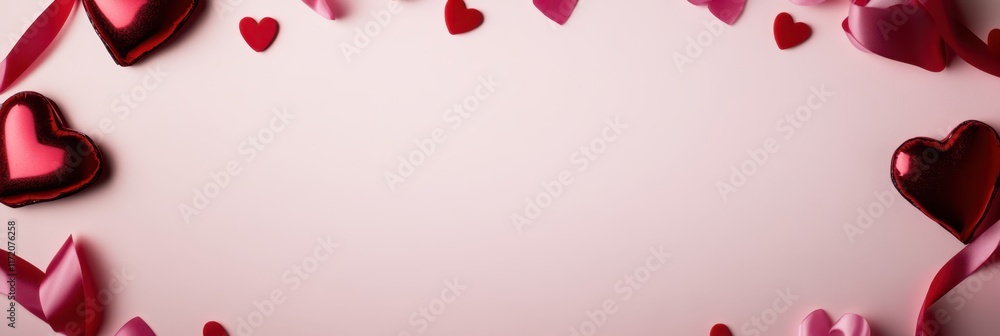 Colorful hearts are scattered across a soft pink background, complemented by an elegant red ribbon, creating a festive Valentine's Day atmosphere. Colorful hearts are scattered across a soft pink background, complemented by an elegant red ribbon, creating a festive Valentine's Day atmosphere.