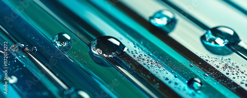 Water droplets resting on vibrant blue glass surface