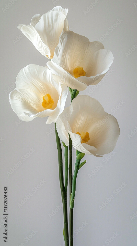 Close-up of four creamy white flowers with yellow centers on slender green stems against a light gray background. Close-up of four creamy white flowers with yellow centers on slender green stems against a light gray background.