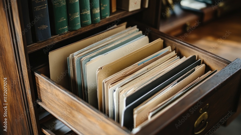 Obraz premium A wooden drawer filled with organized files and folders, suggesting a workspace or library.