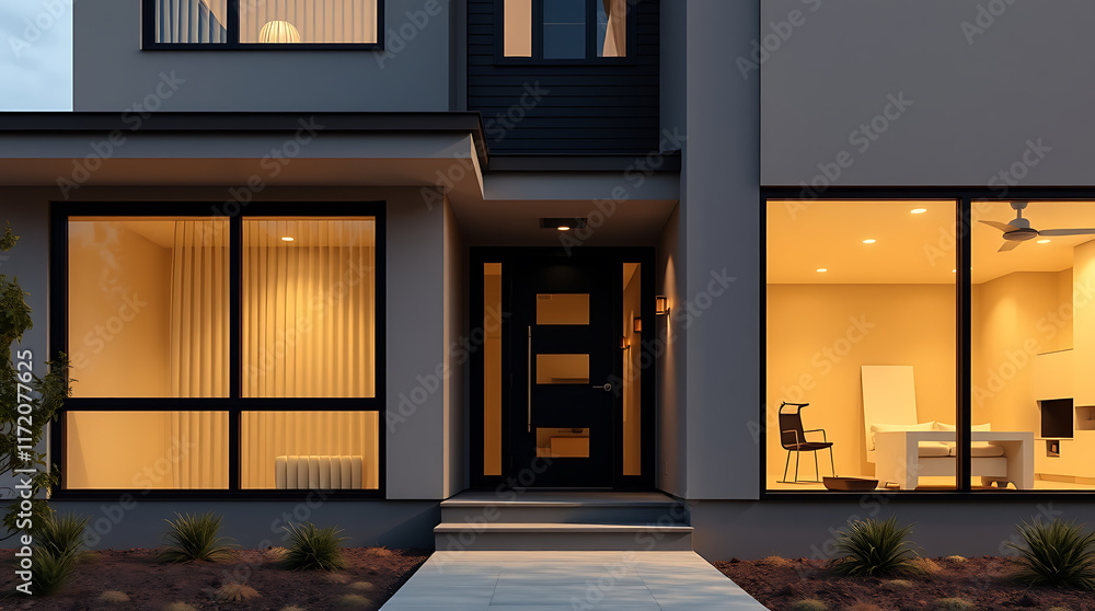 custom made wallpaper toronto digitalModern, two-story house exterior at dusk. Illuminated interior visible through large windows. Features dark gray siding, black windows and door. Landscaping visible at the base.