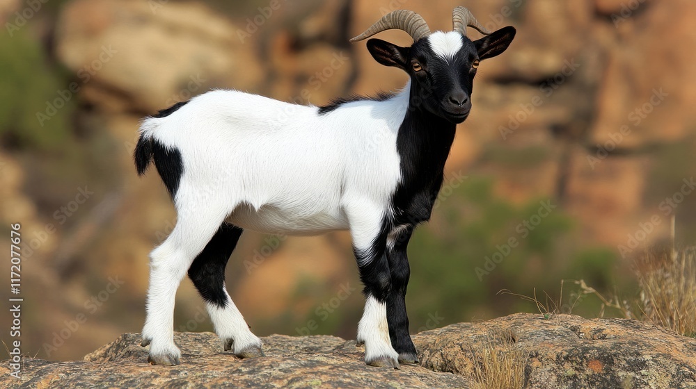 A young black and white goat stands on a rocky surface in a natural setting. A young black and white goat stands on a rocky surface in a natural setting.