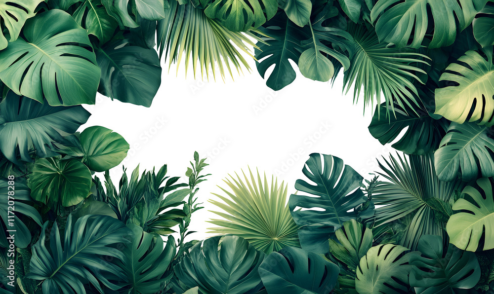 Naklejka premium Lush tropical leaves frame a dark space.