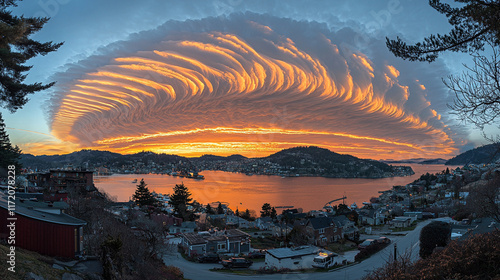 Vibrant sunset over coastal town with lenticular clouds.