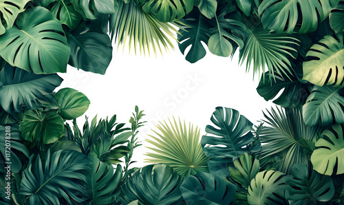 Lush tropical leaves frame a dark space.