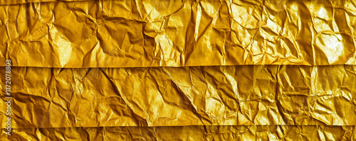 Crumpled golden wrapping paper creating a textured background