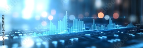 Digital Financial Graphs and Data Visualization on Glass Wall in Modern Office Environment