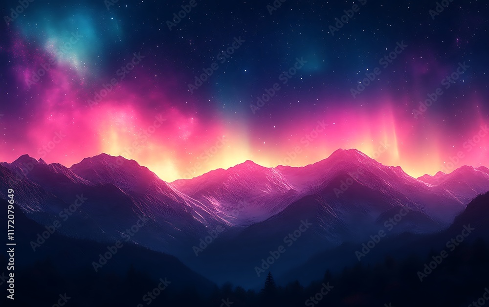 Pink and teal aurora borealis over mountains at night. Pink and teal aurora borealis over mountains at night.