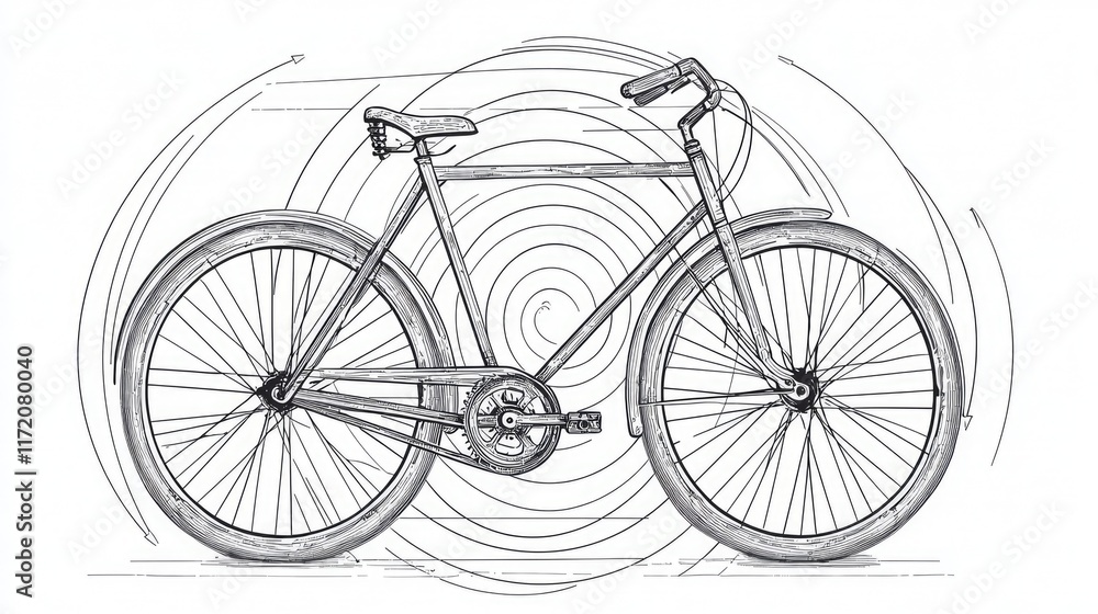 A sketched illustration of a bicycle with circular motion lines. A sketched illustration of a bicycle with circular motion lines.