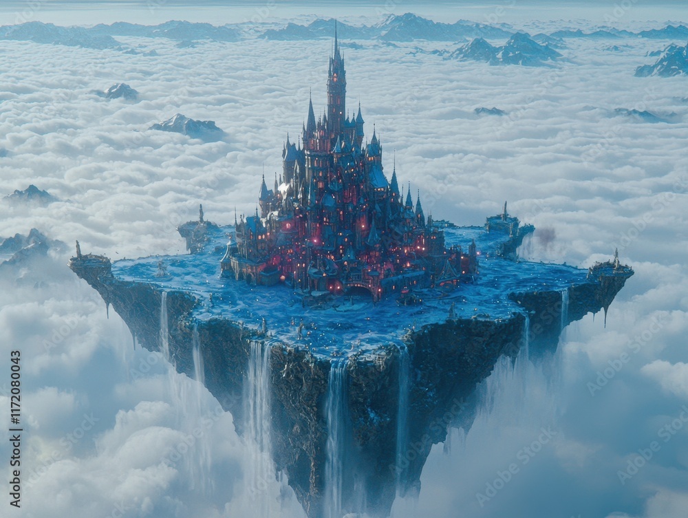 Obraz premium A magical floating island surrounded by shimmering waterfalls that flow endlessly into the clouds below. A mystical castle stands atop the island, with glowing spires and lush gardens brimming 