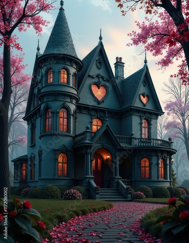 Enchanting gothic mansion with heart-shaped windows amidst vibrant autumn foliage photo