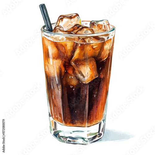 A watercolor vector painting of an Iced Americano, isolated on a white background. Iced Americano vector.

