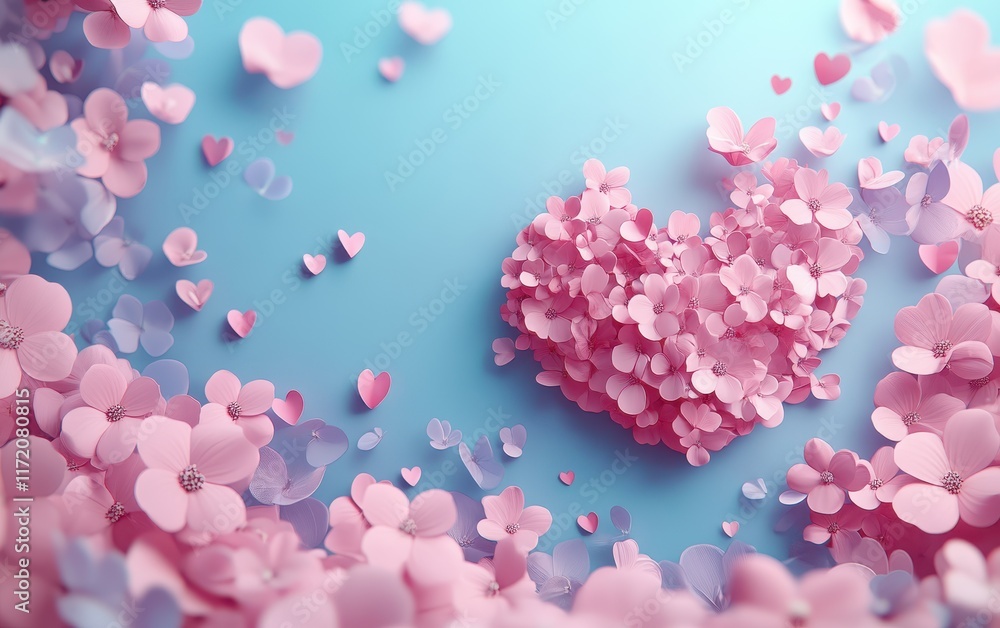 Fototapeta premium A beautiful heart shape crafted from pink flowers, set against a calming blue background, symbolizing love and affection for Valentine's Day.