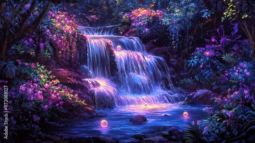 A massive waterfall glowing with radiant energy, cascading into a pool surrounded by lush, magical flora. Floating orbs of light hover above the water, adding to the enchanting and otherworldly 