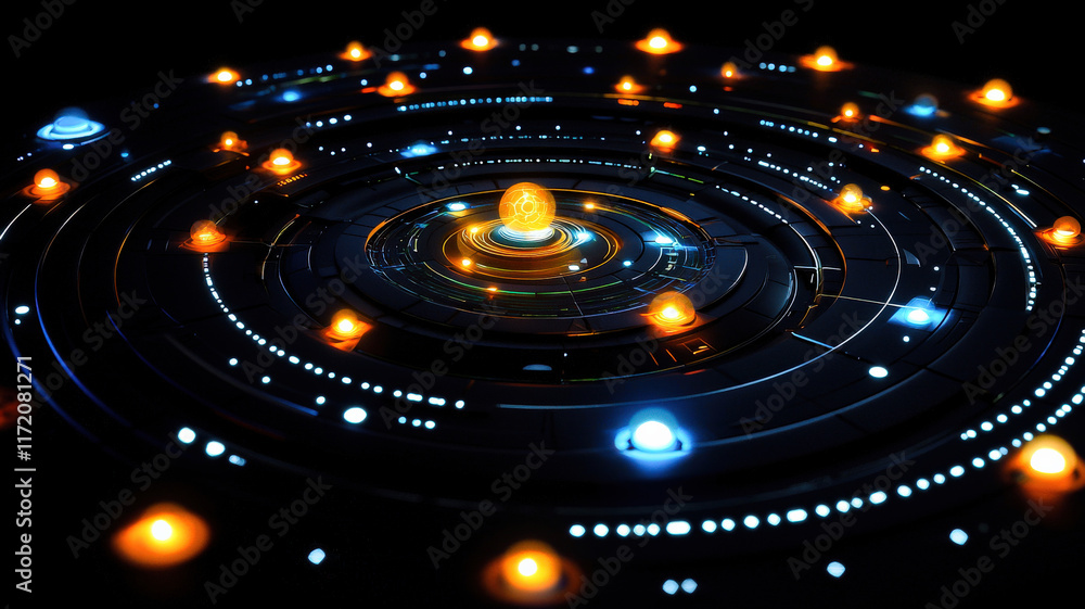 A futuristic circular graph with interactive nodes and glowing pathways connecting them, creating a seamless and dynamic visual flow with a high-tech, cybernetic aesthetic on a sleek, dark background. A futuristic circular graph with interactive nodes and glowing pathways connecting them, creating a seamless and dynamic visual flow with a high-tech, cybernetic aesthetic on a sleek, dark background.