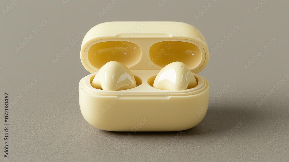 A pair of wireless earbuds in a yellow charging case, designed for audio enjoyment. A pair of wireless earbuds in a yellow charging case, designed for audio enjoyment.