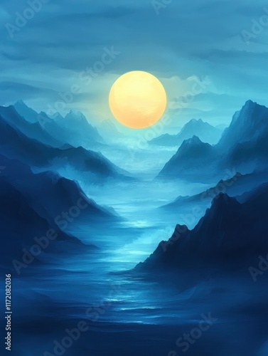 misty landscape with a full moon rising over quiet hills