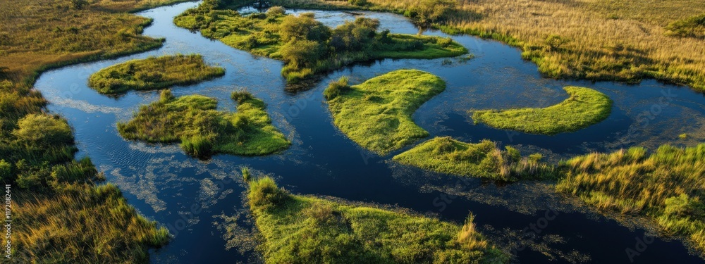 A stunning aerial perspective of the sprawling Okavango Delta in Botswana, with its intricate network of waterways and lush greenery, Okavango Delta scene A stunning aerial perspective of the sprawling Okavango Delta in Botswana, with its intricate network of waterways and lush greenery, Okavango Delta scene