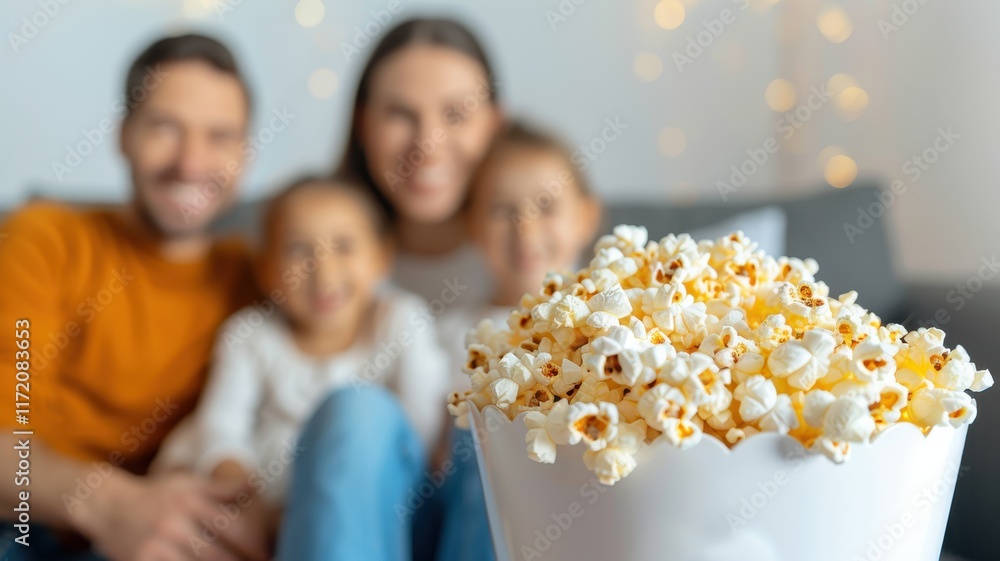A cozy family movie night scene featuring popcorn in the foreground and a happy family enjoying time together in a warm, inviting setting. A cozy family movie night scene featuring popcorn in the foreground and a happy family enjoying time together in a warm, inviting setting.
